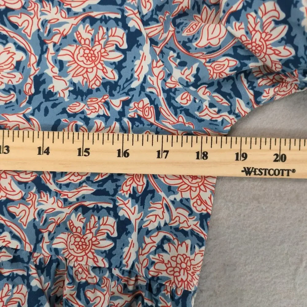 SundayUp Floral Tiered Midi Dress Sz S Puff Sleeves Blue/Orange V-Neck Cottage - Picture 4 of 10